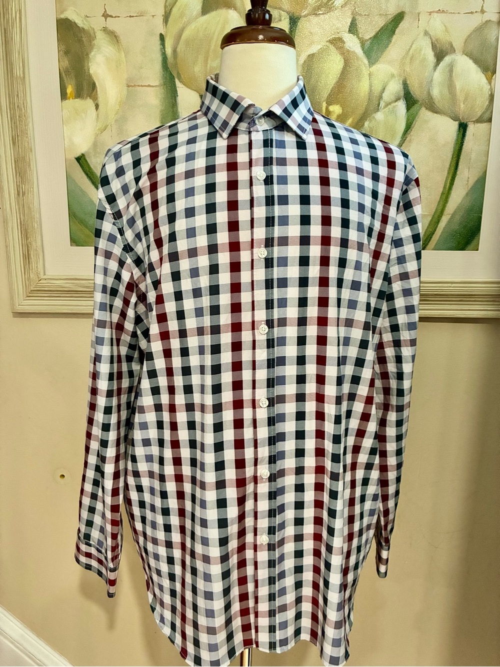 CON.STRUCT Plaid Long-Sleeve Dress Shirt in White, Navy & Burgundy